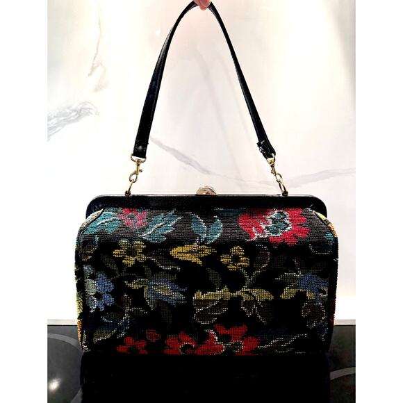 Vintage Carpet Bag Needlepoint Tapestry Structured Satchel Large Floral Black - Picture 10 of 15